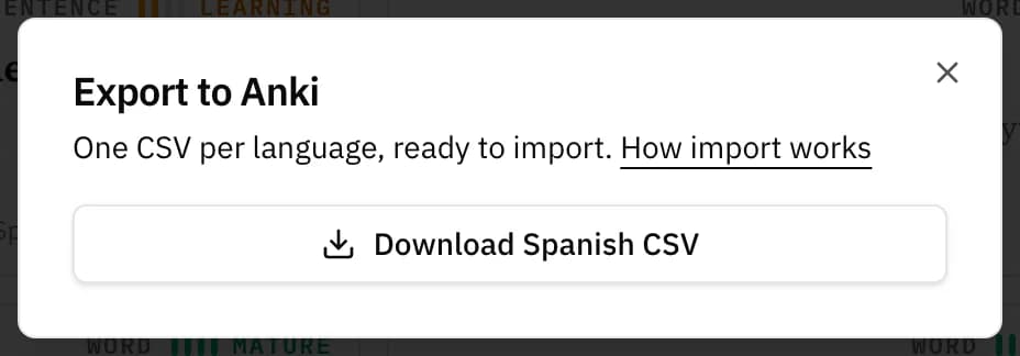 The Anki export dialog, offering the deck as a CSV download