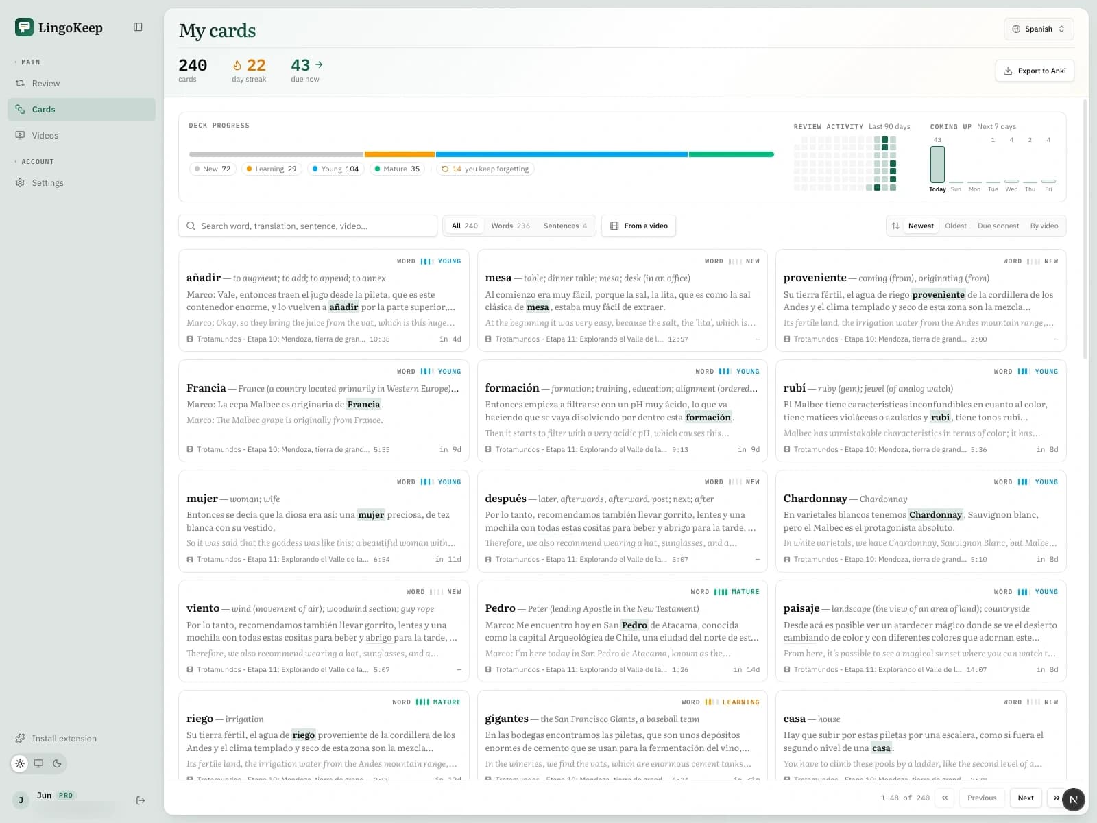 The deck page: a progress bar split into new, learning, young and mature, a 90-day review heatmap, a 7-day forecast, and a grid of saved cards
