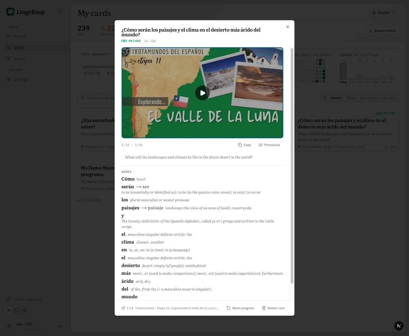 A card opened in full: its video poster, the sentence it came from, and the complete list of dictionary senses