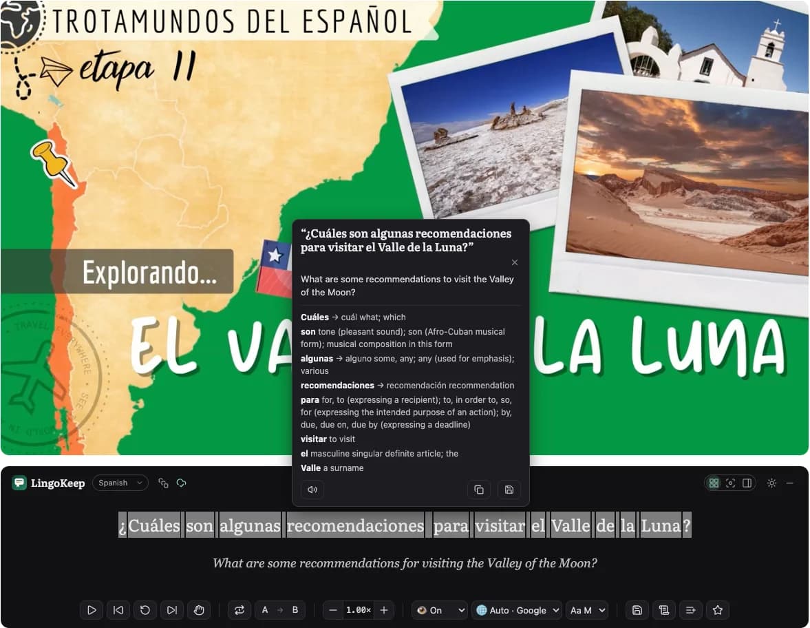 A whole Spanish question selected in the subtitle line, with its English translation above a gloss for each word in it