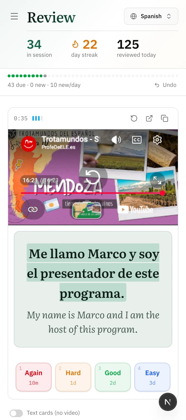 The review queue on a phone-sized screen, with the clip, the sentence and the four grade buttons